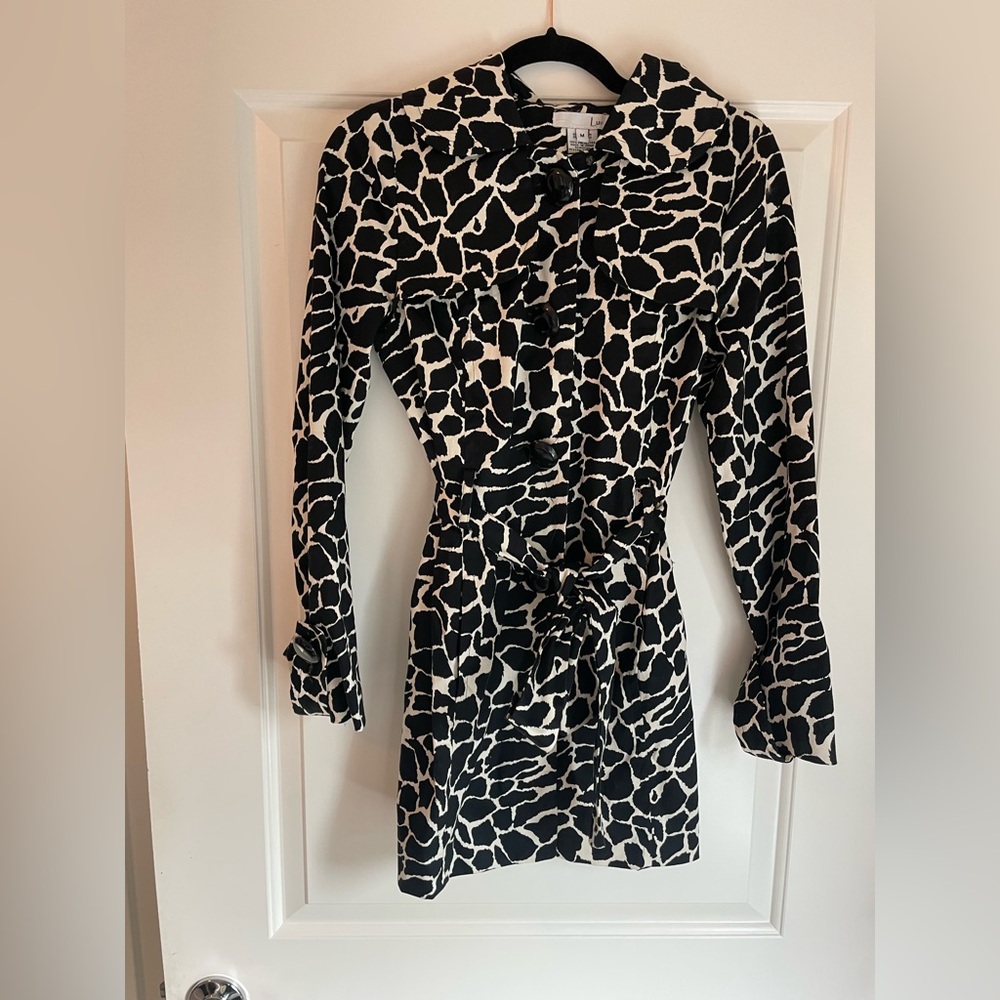 Luii Animal Giraffe Print Belted Short Trench Coat Size Medium Jacket Blk/Cream